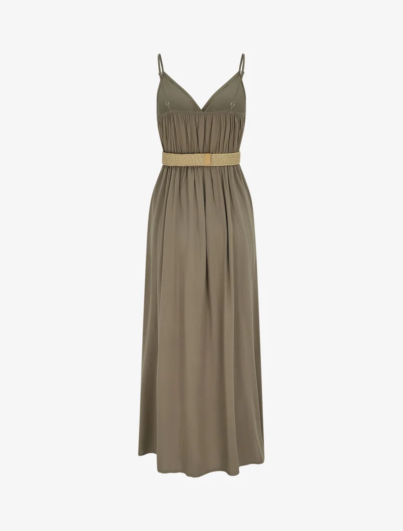 Langes einfarbiges Kleid mit Trägern und Knöpfen - Kaki