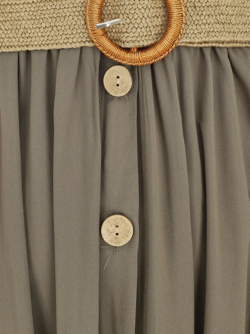 Langes einfarbiges Kleid mit Trägern und Knöpfen - Kaki