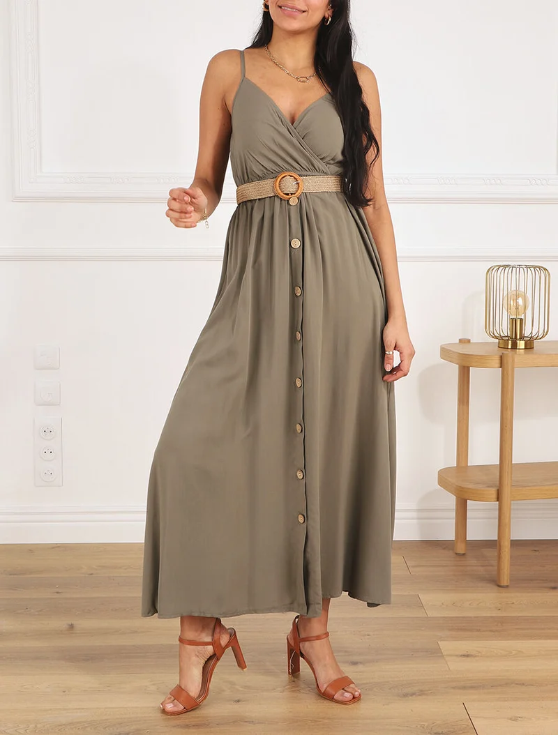Langes einfarbiges Kleid mit Trägern und Knöpfen - Kaki