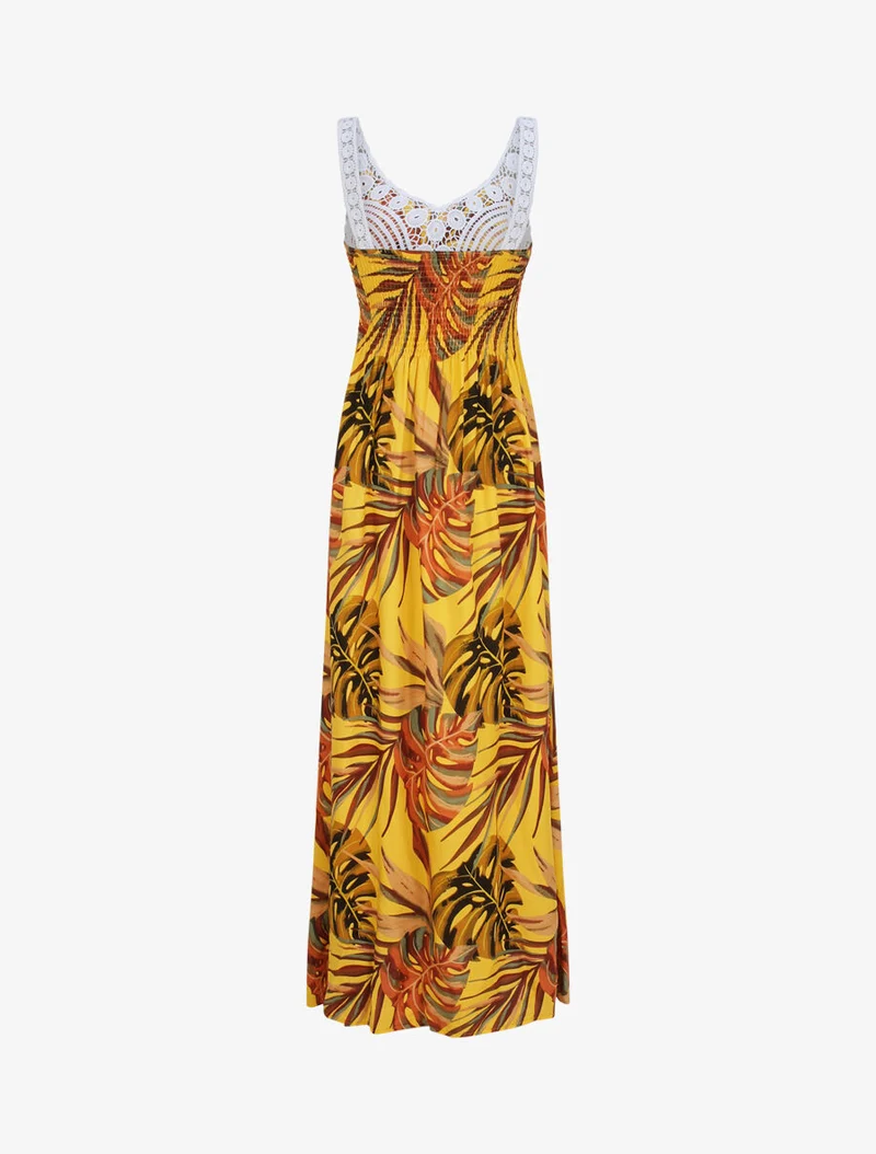 Langes Kleid mit exotischem Blätterdruck und Häkelarbeit - Gelb