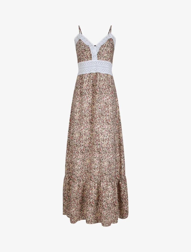 Langes Kleid mit kleinen Blumen bedruckt und V-Ausschnitt aus Spitze. - Beige