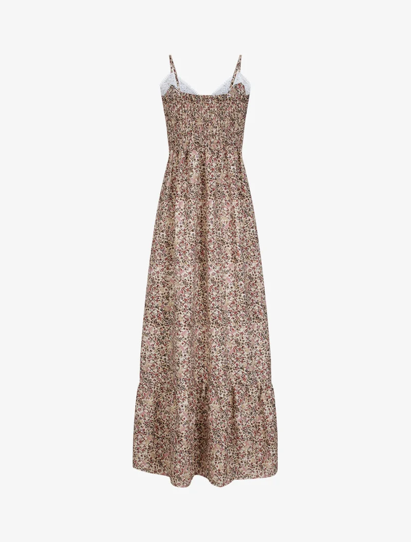 Langes Kleid mit kleinen Blumen bedruckt und V-Ausschnitt aus Spitze. - Beige