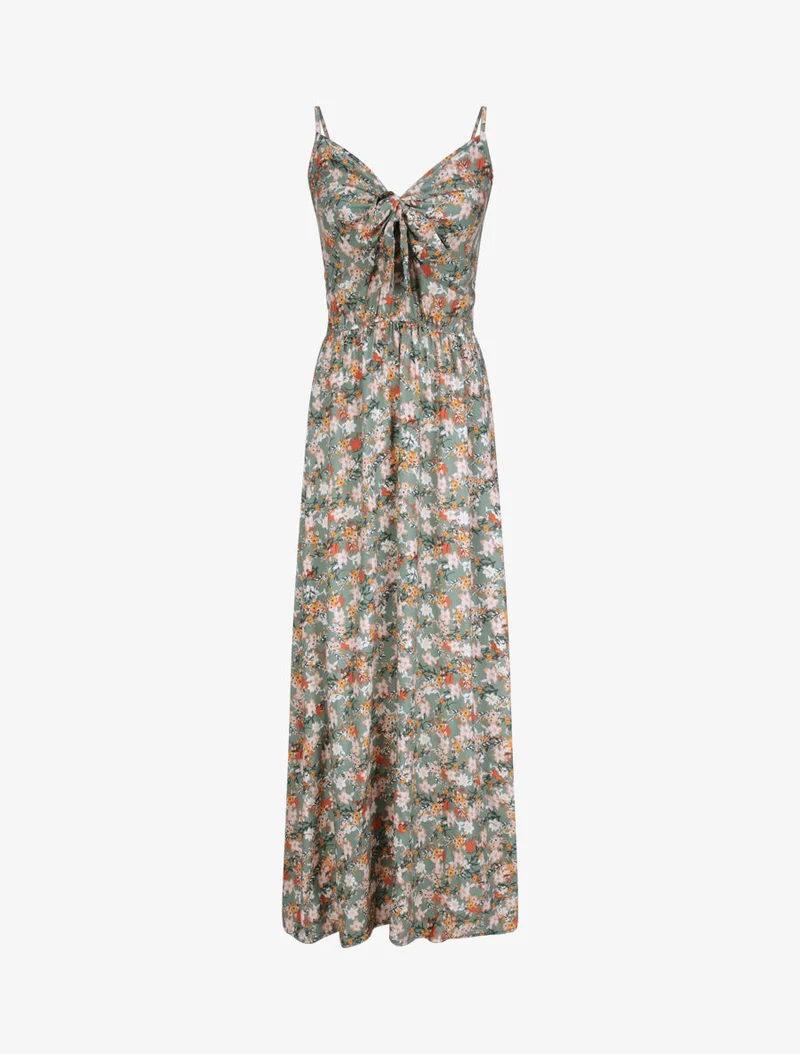 Langes Kleid mit Blumenmuster im Empire-Stil - Kaki