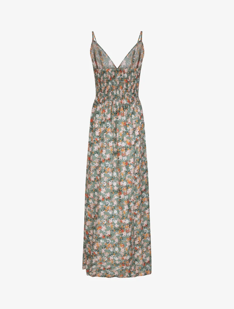 Langes Kleid mit Blumenmuster im Empire-Stil - Kaki