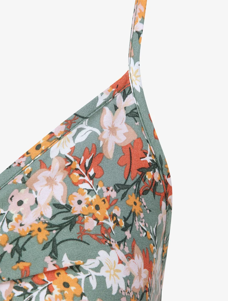 Langes Kleid mit Blumenmuster im Empire-Stil - Kaki