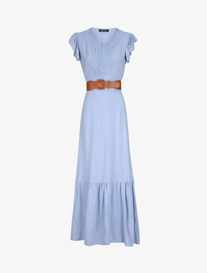 Langes Kleid mit Rüschenärmeln - Himmelblau