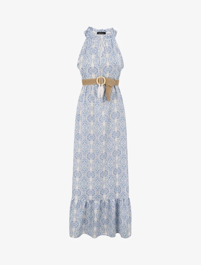 Langes ausgestelltes Kleid mit blumigem Fayence-Druck - Blau