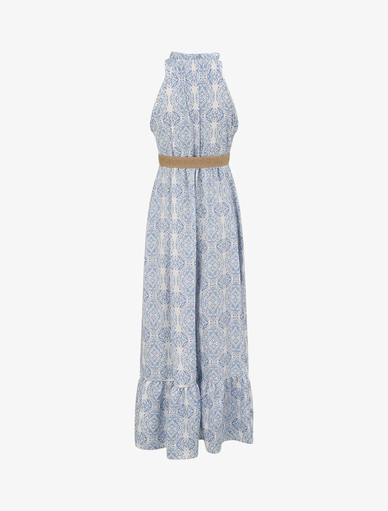 Langes ausgestelltes Kleid mit blumigem Fayence-Druck - Blau