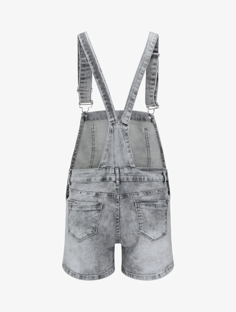 Gerade Jeans-Short-Latzhose - Hellgrau