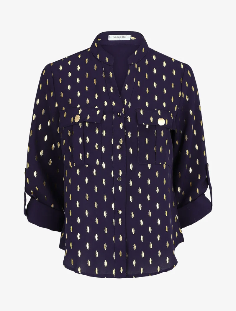 Gerades Hemd mit goldenem Flockprint - Marine