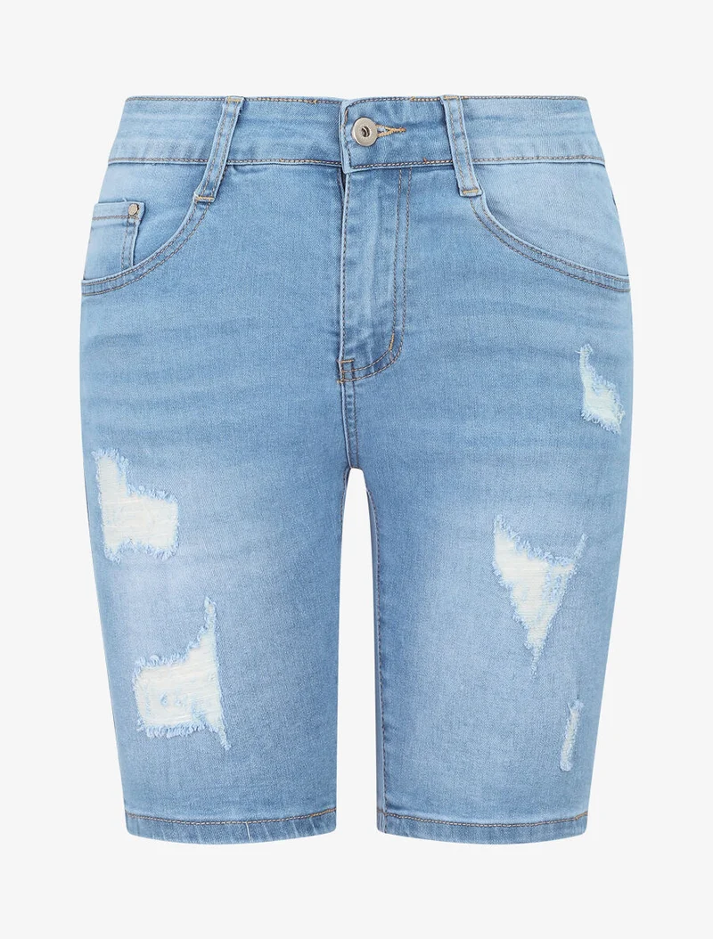 Zerrissene Jeans-Bermuda mit Push-up-Effekt - Hellblau
