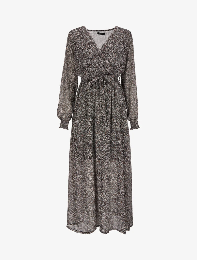Langes Wickelkleid mit Olivenblattmuster - Schwarz