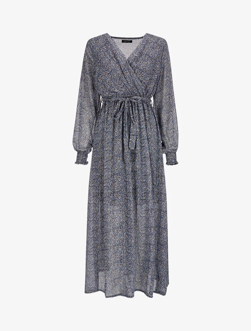 Langes Wickelkleid mit Olivenblattmuster - Blau