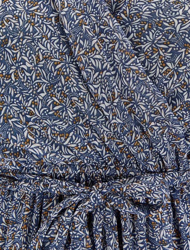 Langes Wickelkleid mit Olivenblattmuster - Blau