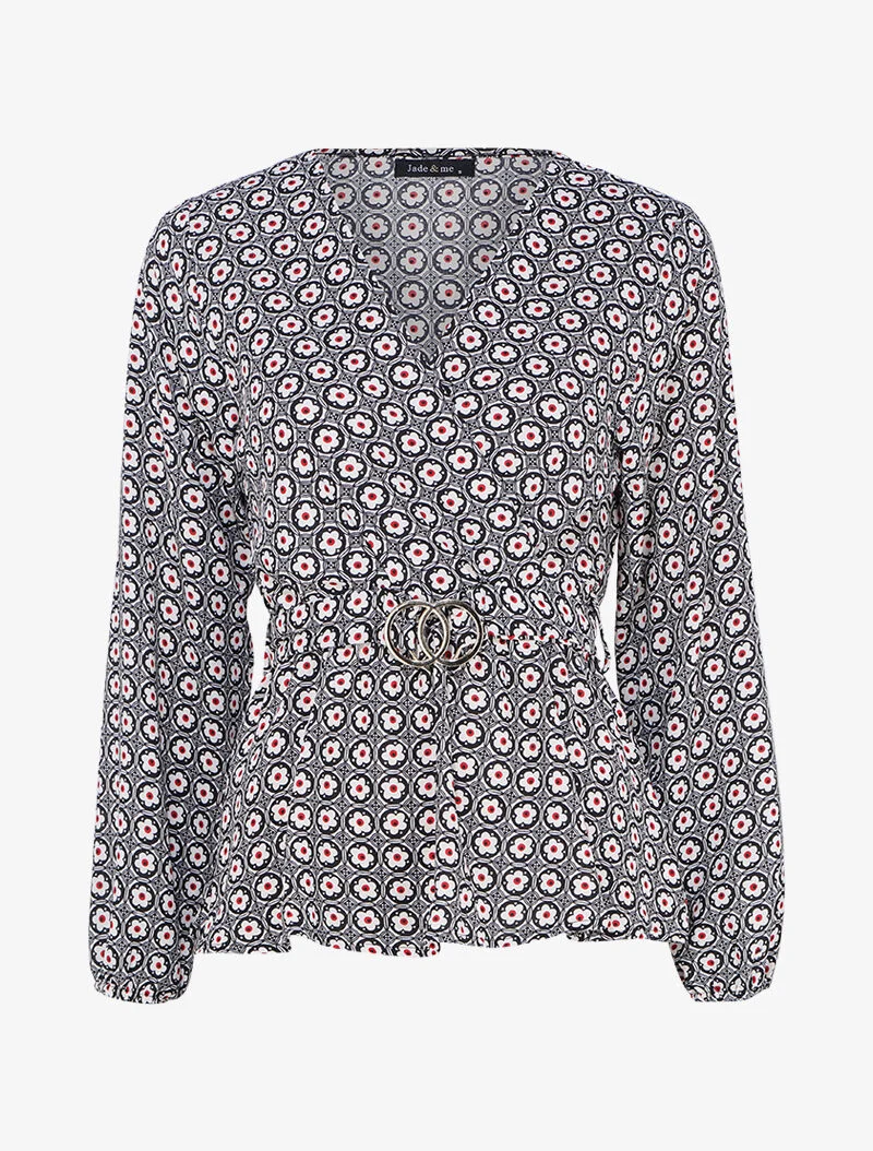 Top mit stilisiertem Gänseblümchen-Print und Wickelausschnitt - Schwarz/Weiß
