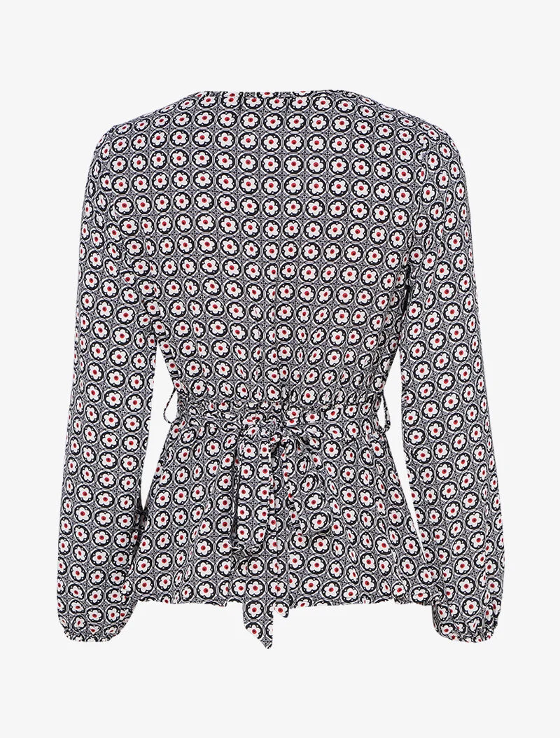 Top mit stilisiertem Gänseblümchen-Print und Wickelausschnitt - Schwarz/Weiß