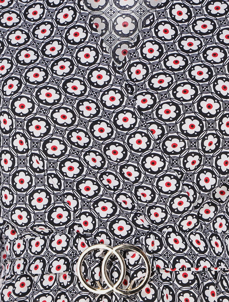 Top mit stilisiertem Gänseblümchen-Print und Wickelausschnitt - Schwarz/Weiß