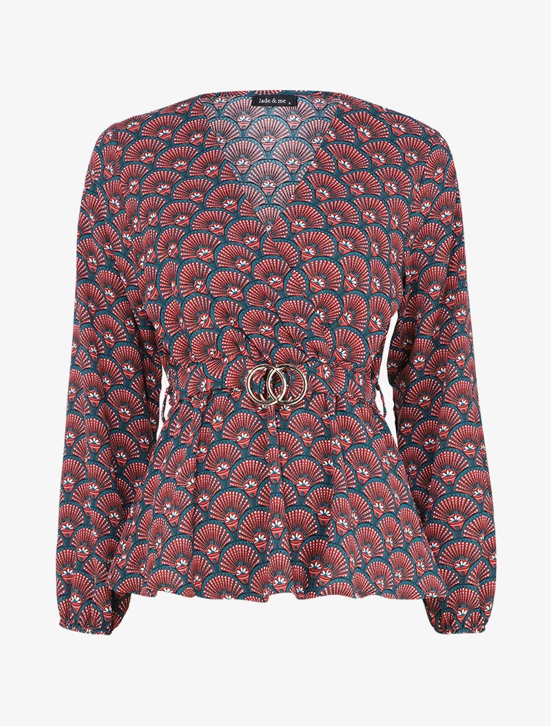 Top mit Fächerprint und Wickelausschnitt - Entenblau