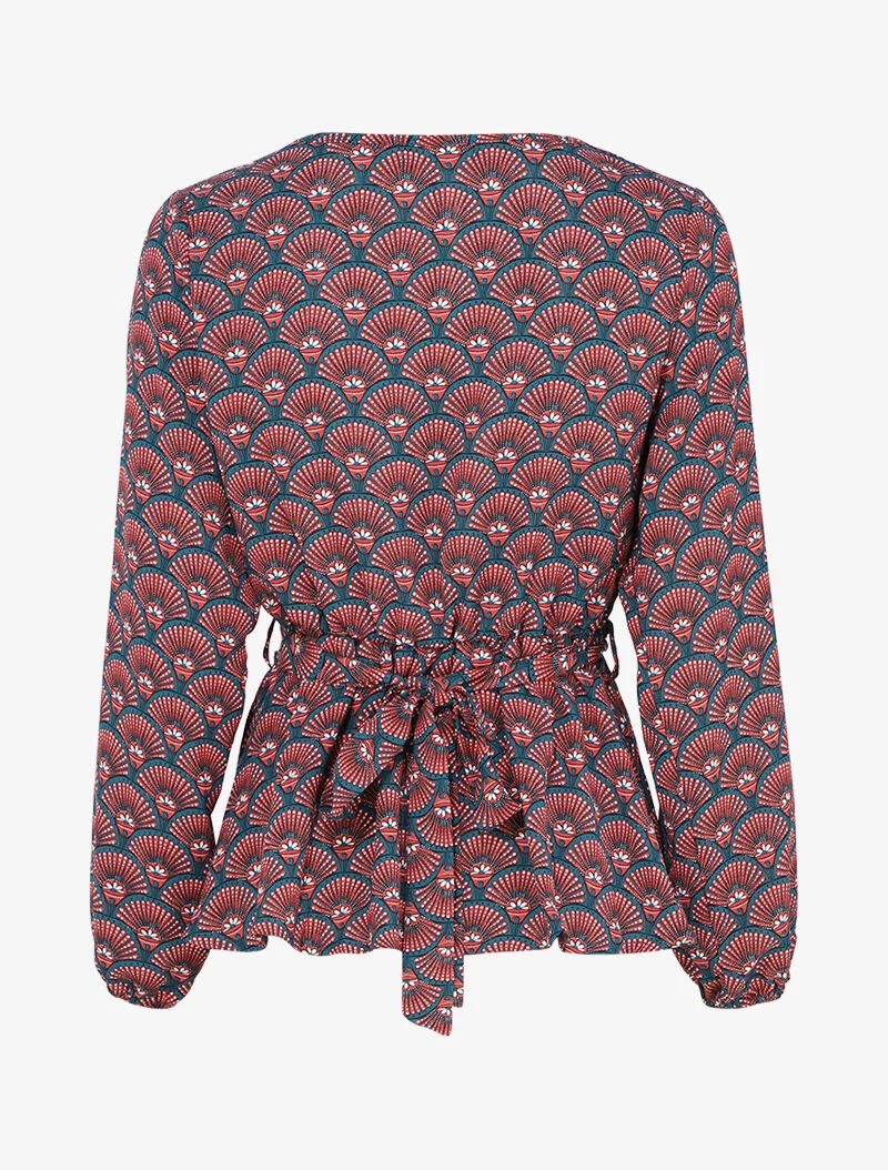 Top mit Fächerprint und Wickelausschnitt - Entenblau