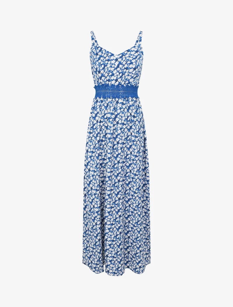 Langes Kleid mit kleinen Blumen und dekorativen Knöpfen bedruckt - Blau