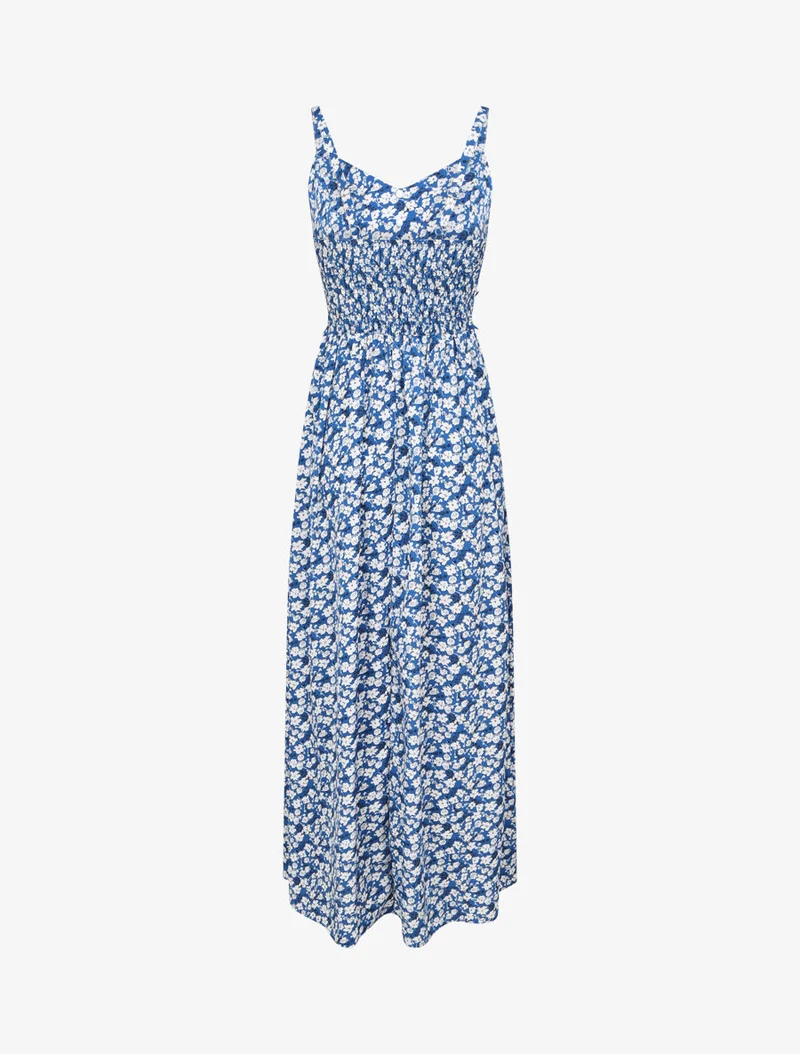 Langes Kleid mit kleinen Blumen und dekorativen Knöpfen bedruckt - Blau