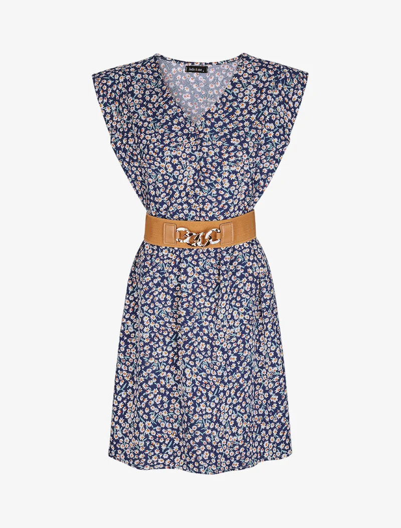 Knopfbesetztes V-Ausschnitt-Kleid - Marine