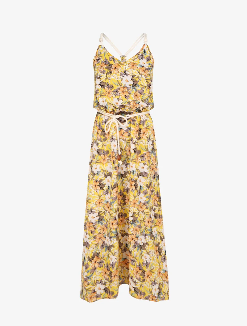 Langes Kleid mit Blumenmuster und Kordelträgern - Gelb