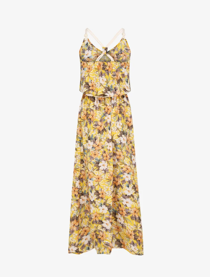 Langes Kleid mit Blumenmuster und Kordelträgern - Gelb