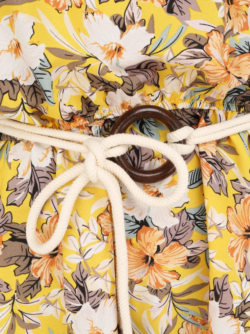 Langes Kleid mit Blumenmuster und Kordelträgern - Gelb