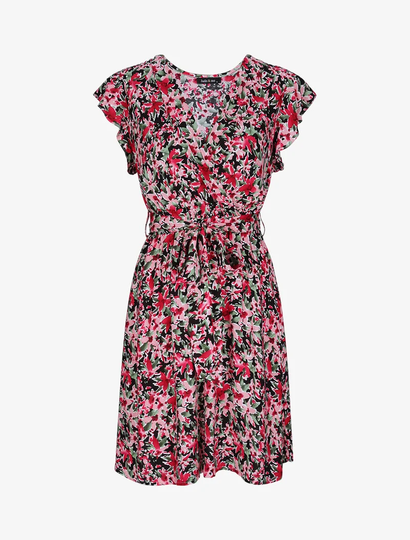 Wickelkleid mit verschiedenem Blumendruck - Schwarz