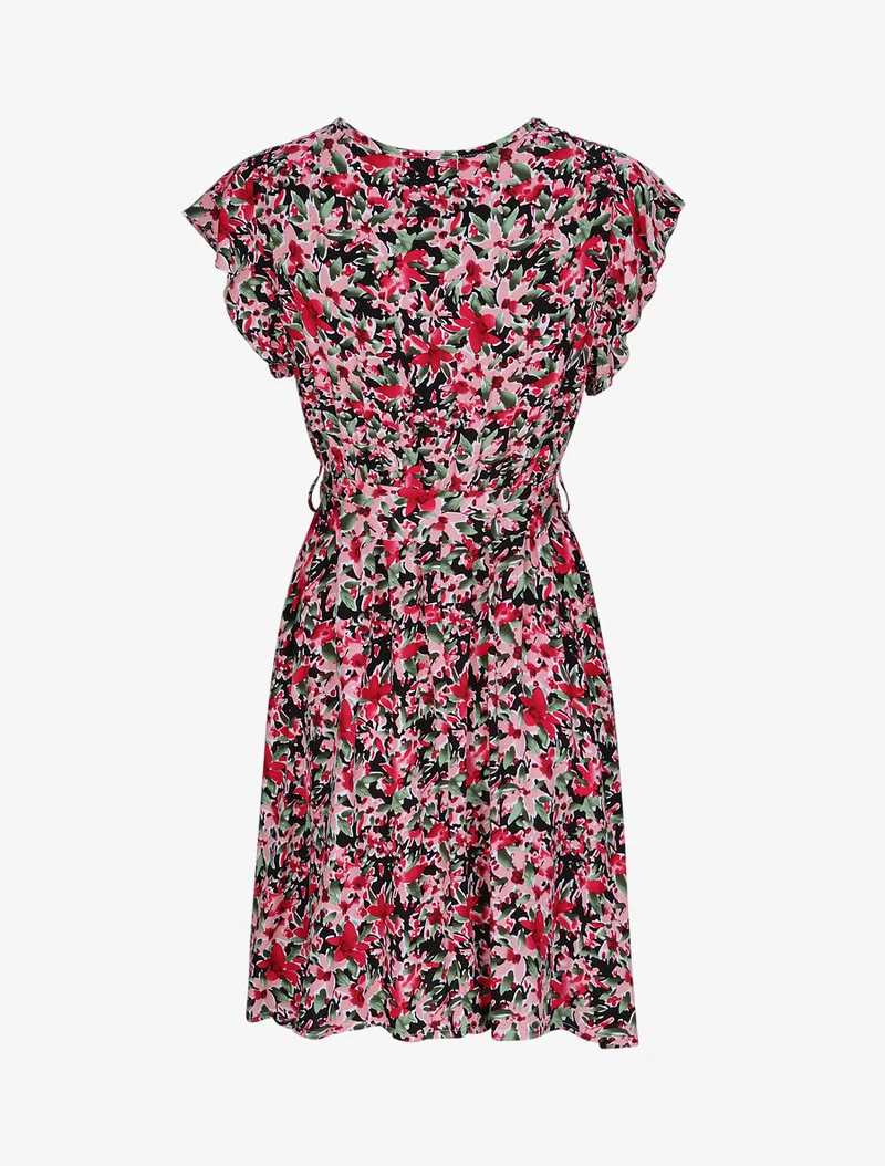 Wickelkleid mit verschiedenem Blumendruck - Schwarz