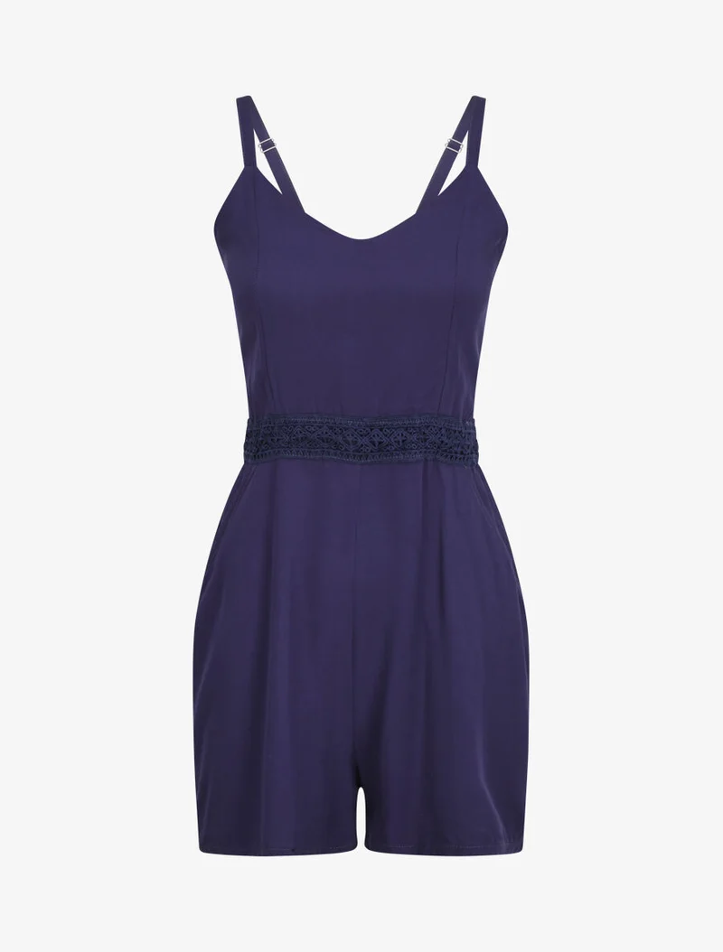 Gürtelter fließender Jumpsuit mit Spitzendetail - Marine