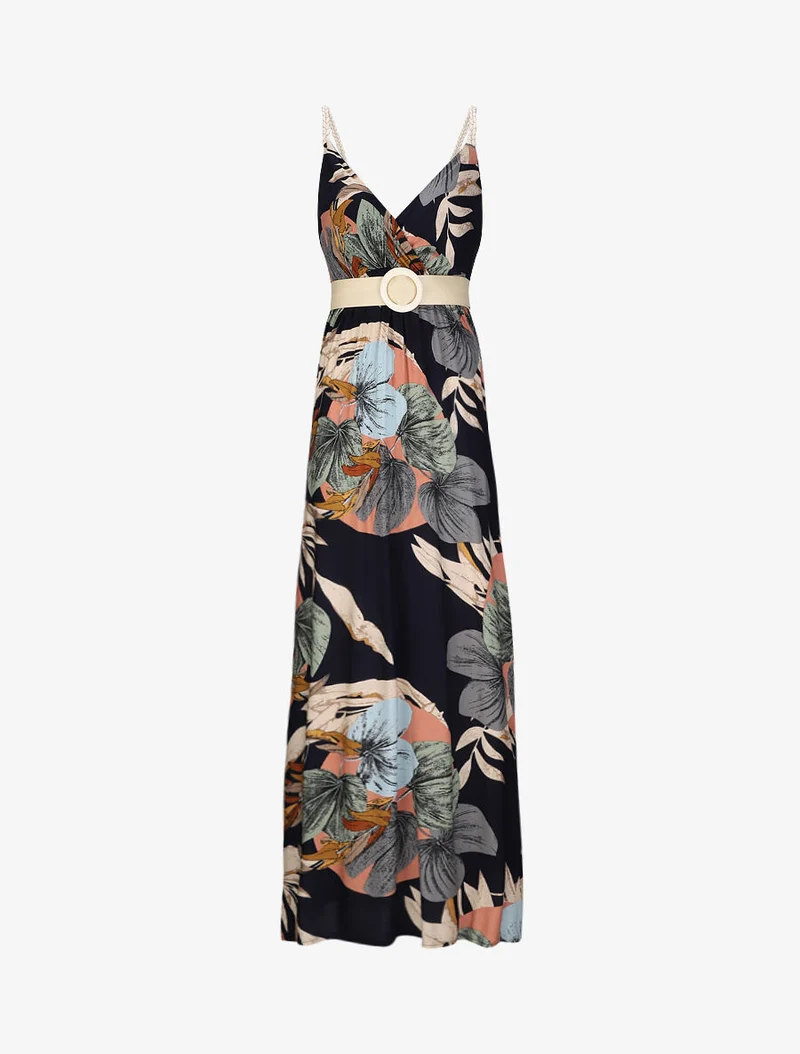 Empire-Maxikleid mit Pflanzenmuster und geflochtenen Trägern - Marine