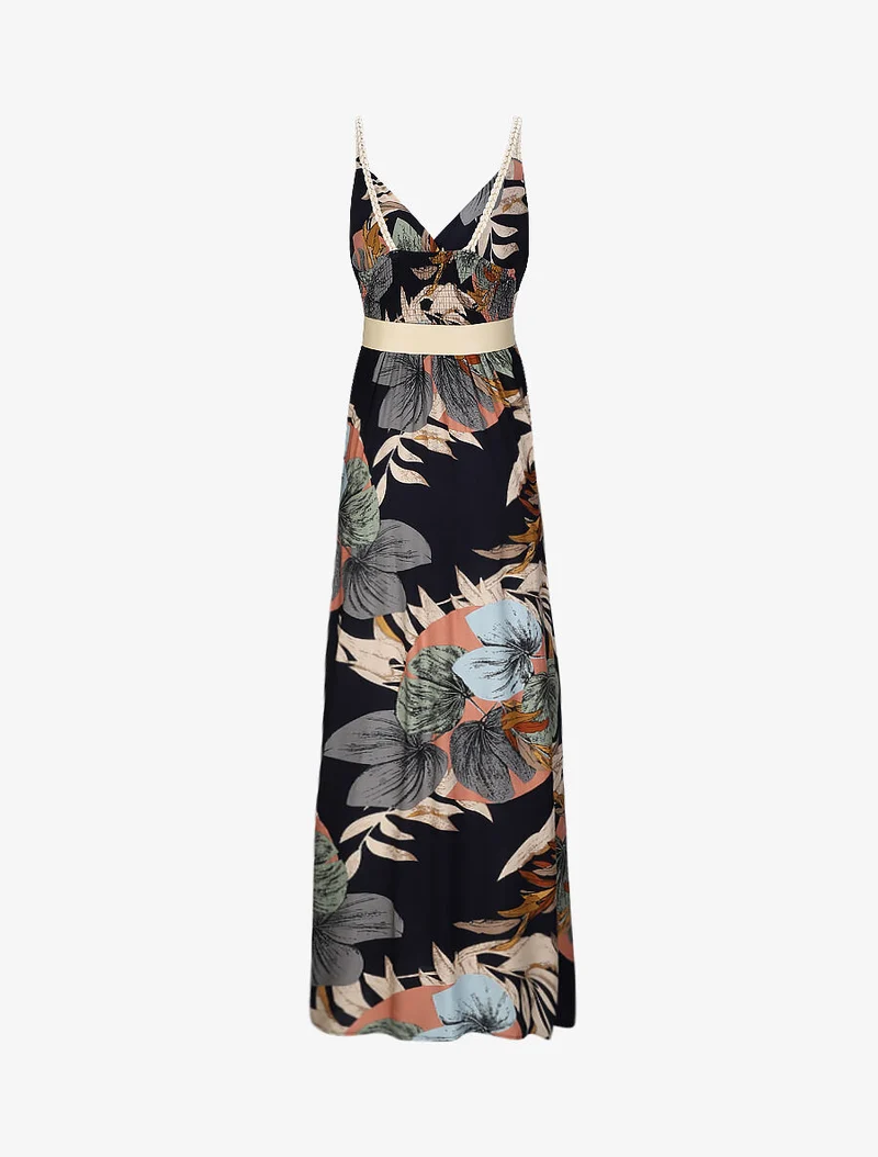 Empire-Maxikleid mit Pflanzenmuster und geflochtenen Trägern - Marine