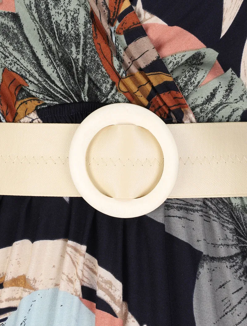 Empire-Maxikleid mit Pflanzenmuster und geflochtenen Trägern - Marine