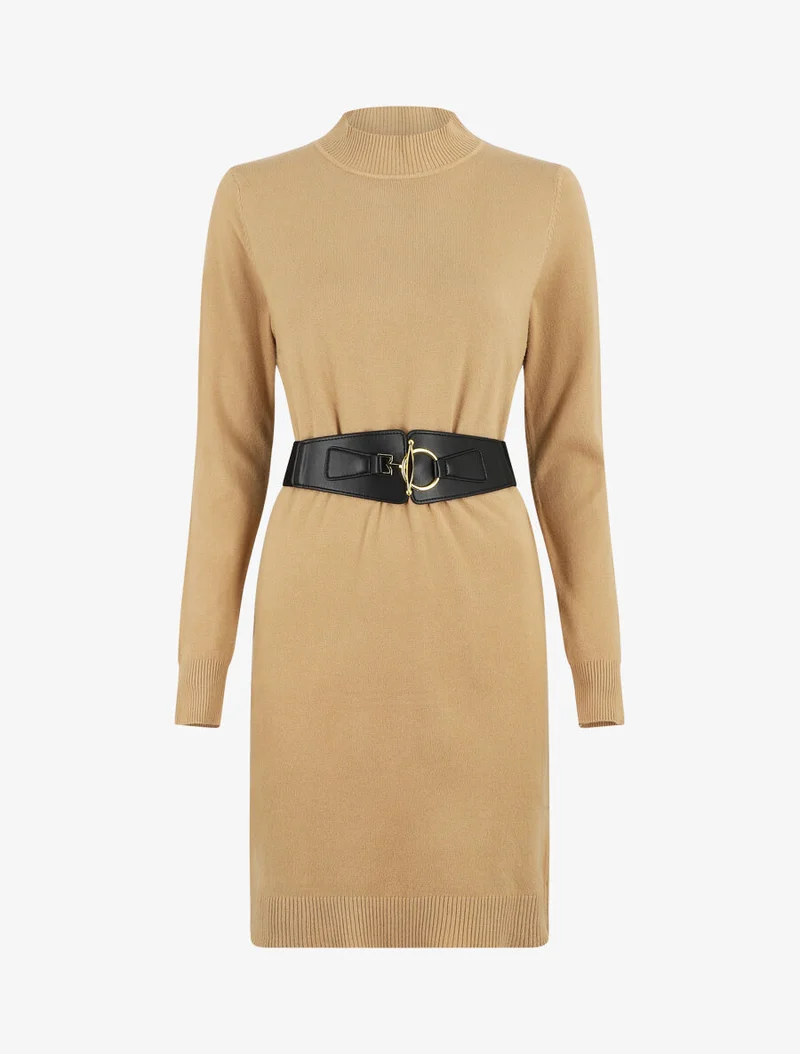 Kurzes Strickkleid mit Stehkragen - Kamel