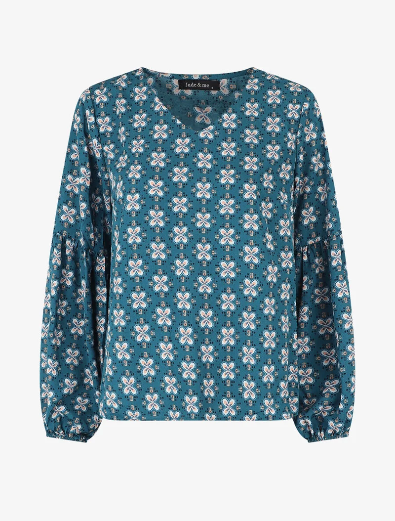 Weit geschnittenes V-Ausschnitt-Top mit Blumenmuster - Entenblau
