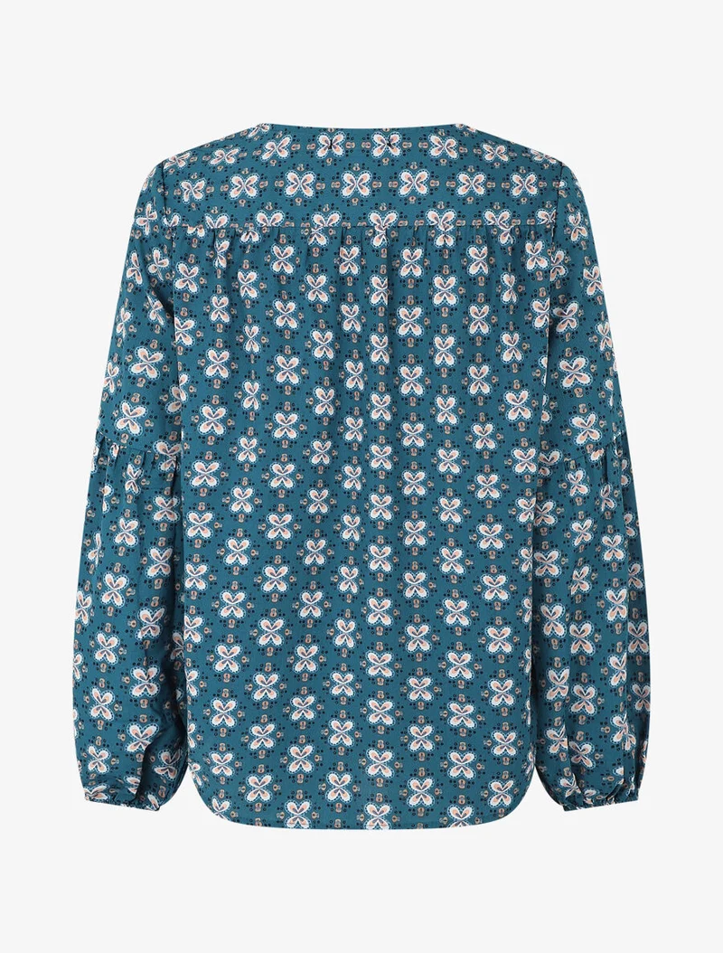 Weit geschnittenes V-Ausschnitt-Top mit Blumenmuster - Entenblau