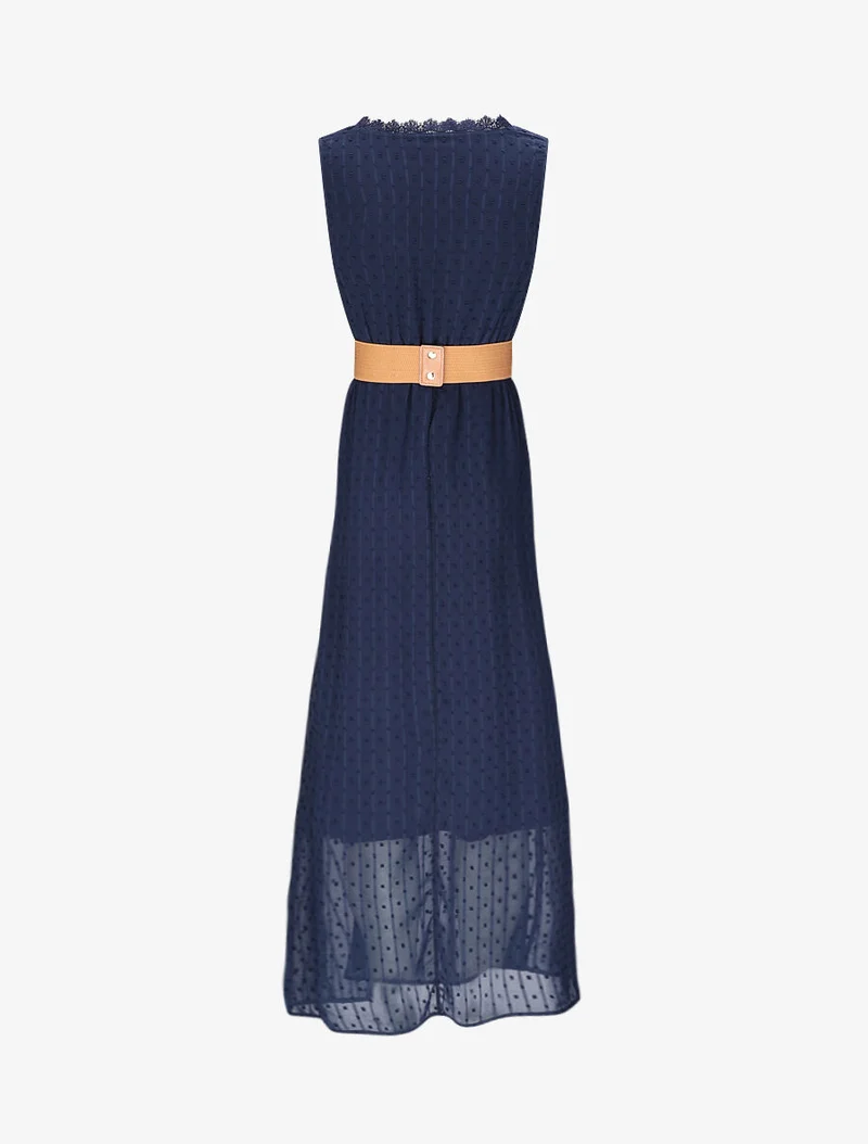 Langes Empire-Kleid aus einfarbigem Plumetis - Marine