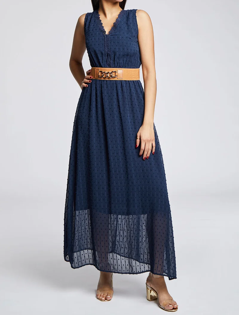 Langes Empire-Kleid aus einfarbigem Plumetis - Marine