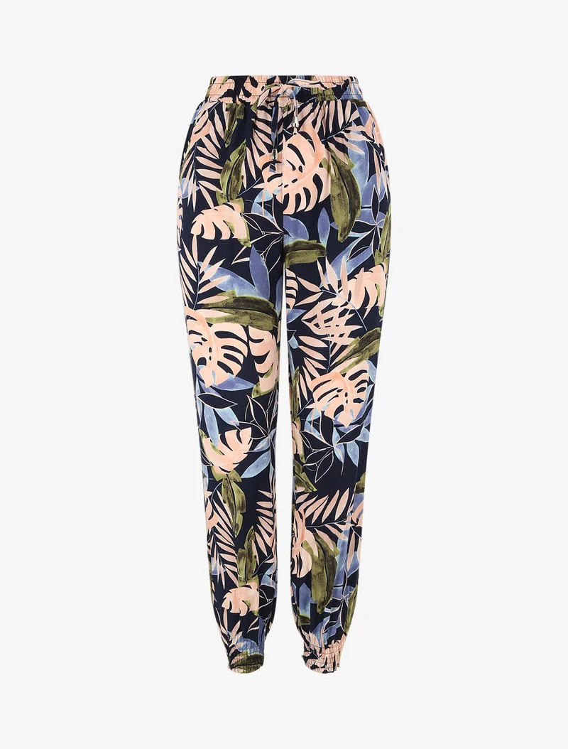 Fließende Hose mit tropischem Blumenmuster und elastischen Rändern - Marine