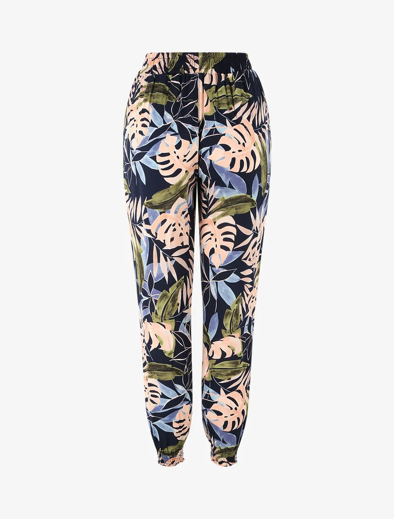 Fließende Hose mit tropischem Blumenmuster und elastischen Rändern - Marine