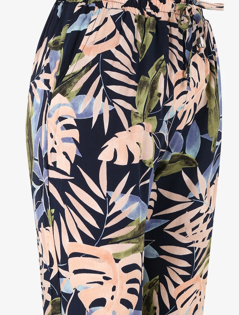 Fließende Hose mit tropischem Blumenmuster und elastischen Rändern - Marine