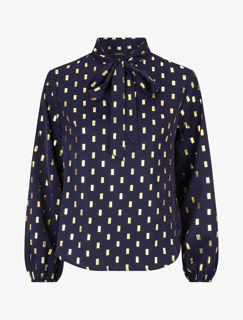 Bluse mit Lavallière-Kragen und goldfarbenem Rechteckmuster - Marine