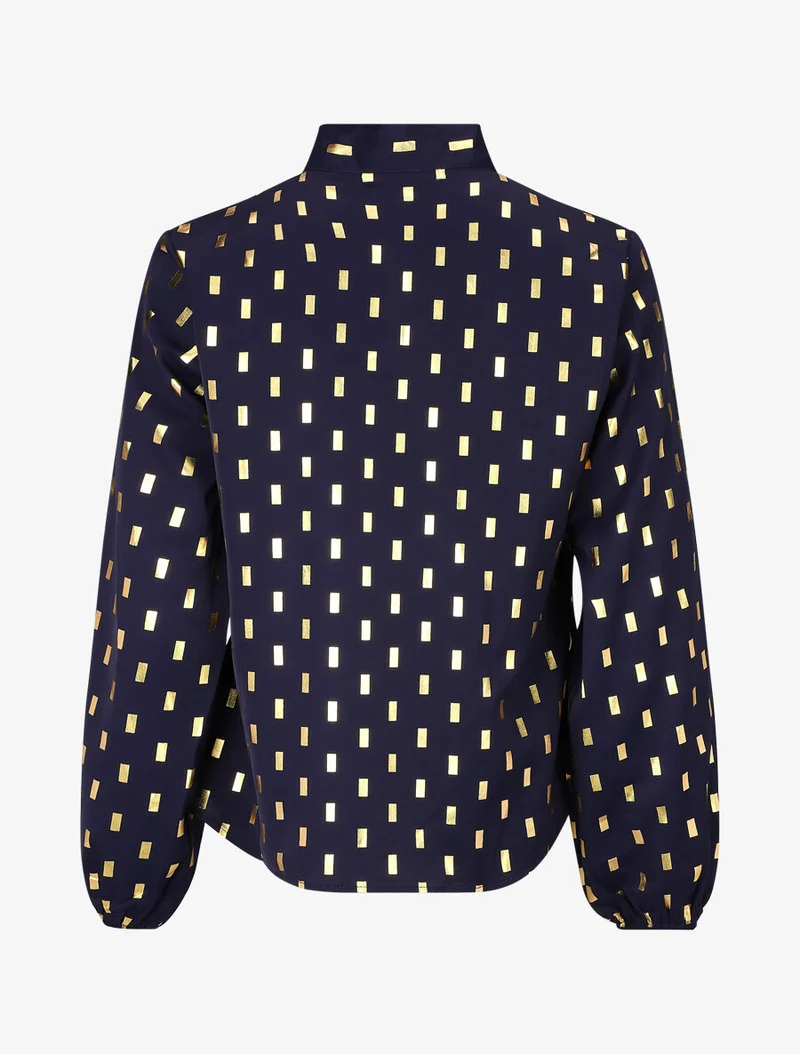Bluse mit Lavallière-Kragen und goldfarbenem Rechteckmuster - Marine