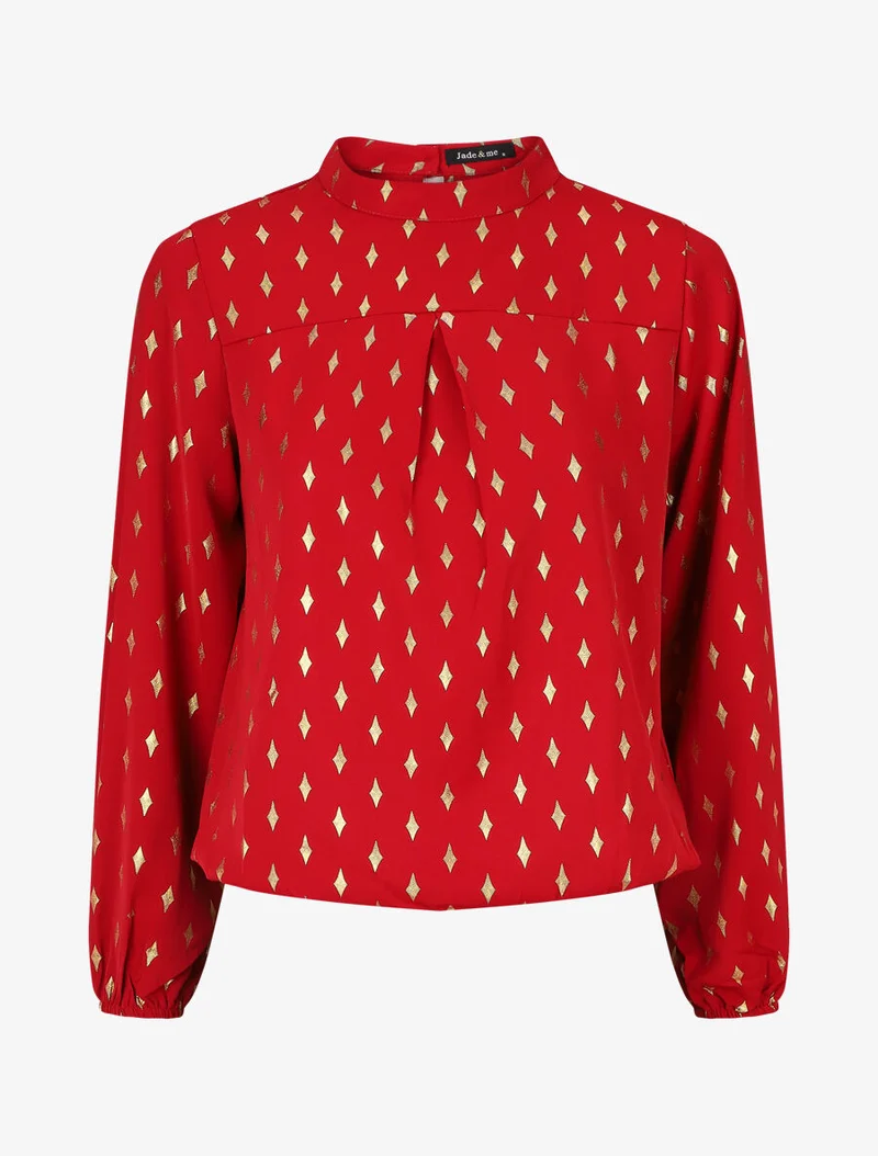 Bluse mit hohem Kragen und goldfarbenem Rautenmuster - Rot
