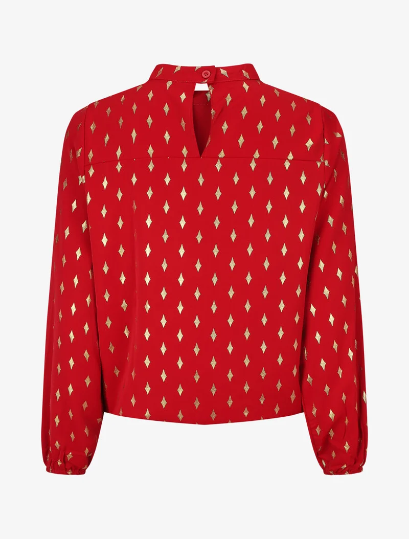 Bluse mit hohem Kragen und goldfarbenem Rautenmuster - Rot