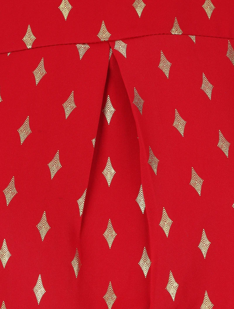 Bluse mit hohem Kragen und goldfarbenem Rautenmuster - Rot