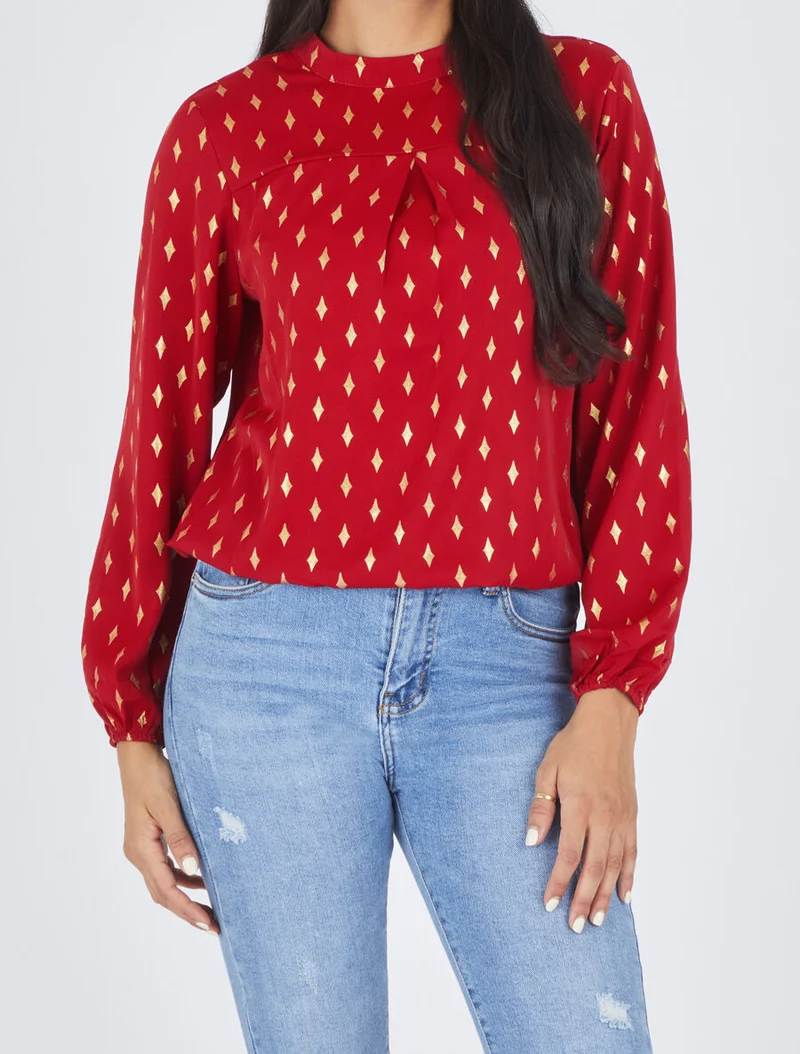 Bluse mit hohem Kragen und goldfarbenem Rautenmuster - Rot