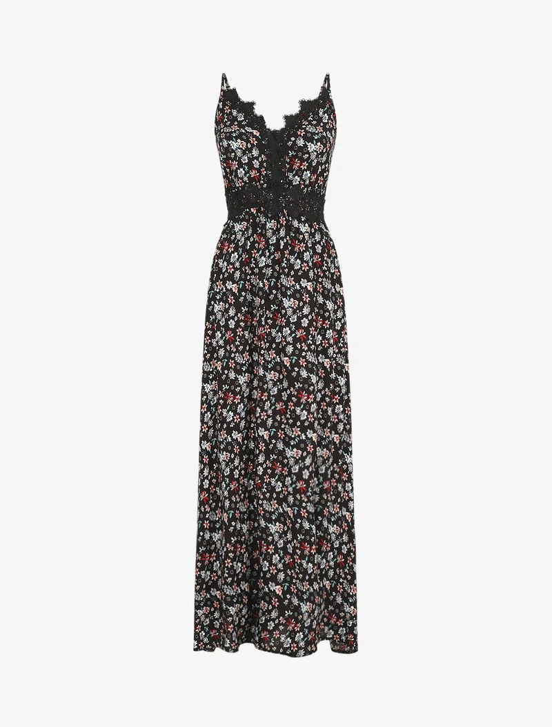 Langes Kleid mit Spitzenkragen und Blumenmuster - Schwarz